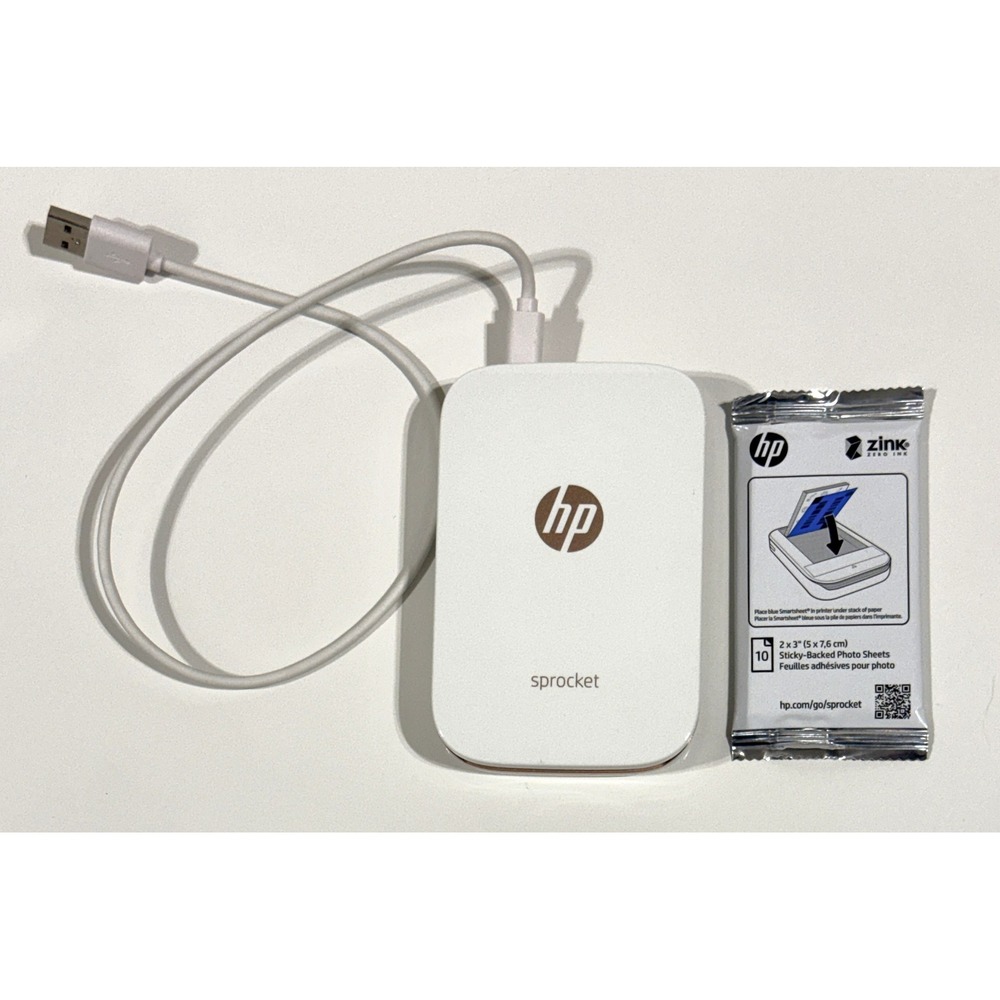 HP Sprocket Portable Photo Printer + Zink Sticky Back Paper & USB Cable WORKS